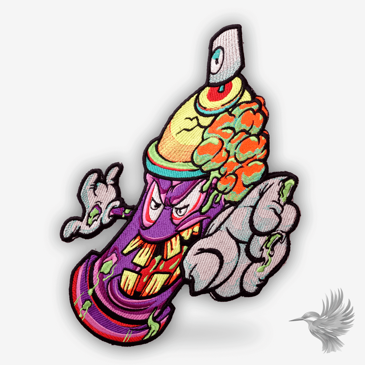 Graffiti spraycan patch Strygemærke i Toon Style med livlig karakter og farverig tegneseriekunst.