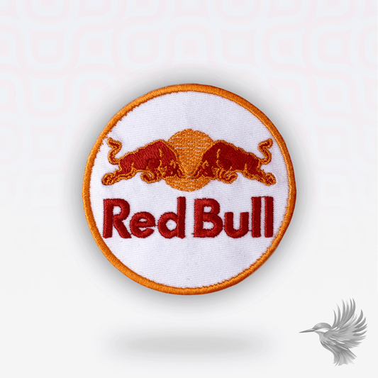 Red Bull strygemærke – rundt broderet patch med logo, sport og streetwear design til hoodies, caps