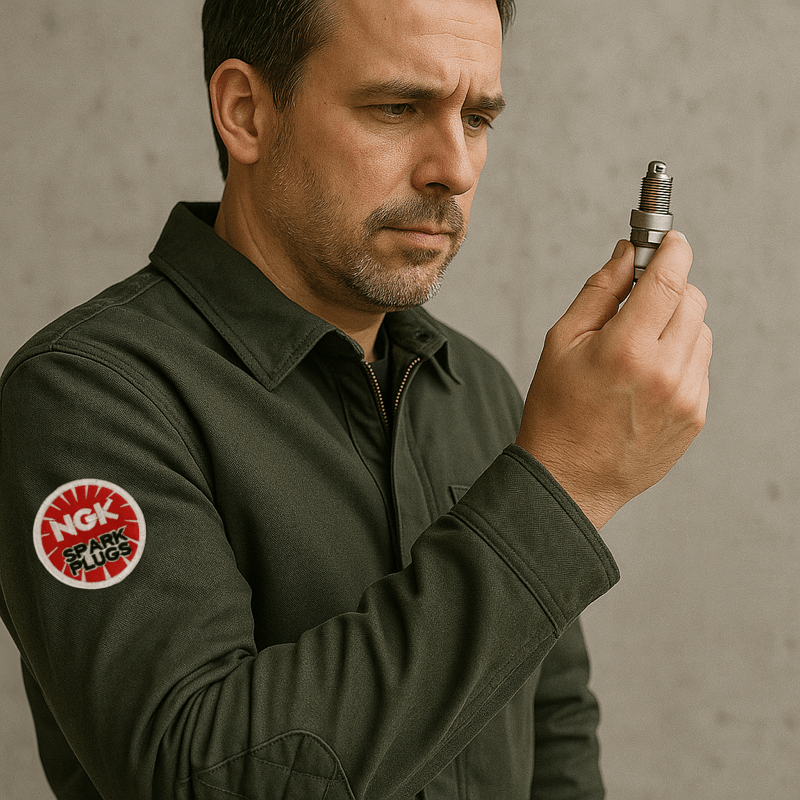 Mand med NGK Spark Plugs patch strygemærke holder en tændrør med koncentreret udtryk.