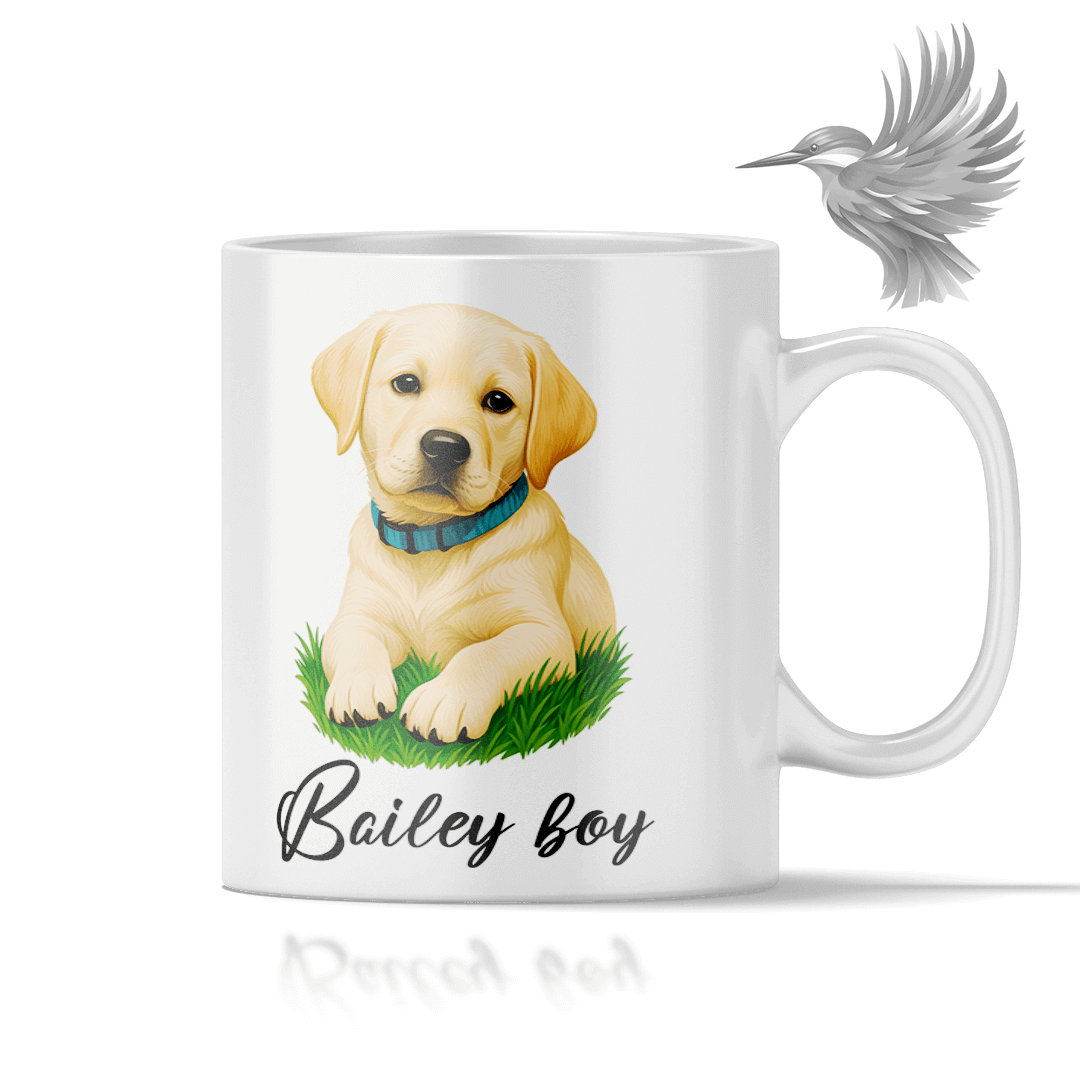 Personligt hunde krus med tegning af hunden Bailey boy i farverig illustration.