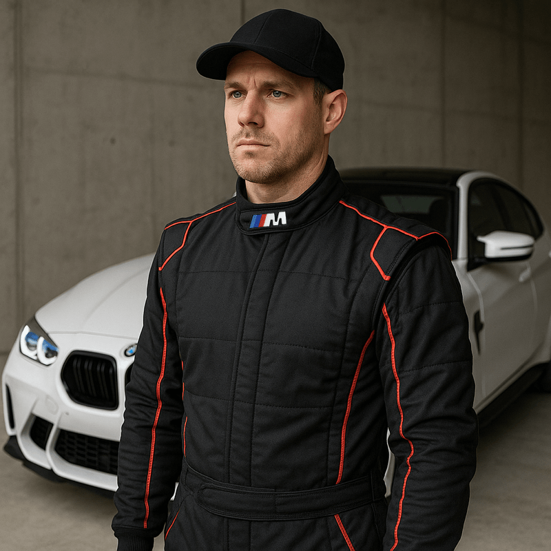 BMW M patch strygemærke displayed on racing suit with red and blue accents, driver stands confidently next to BMW M car.