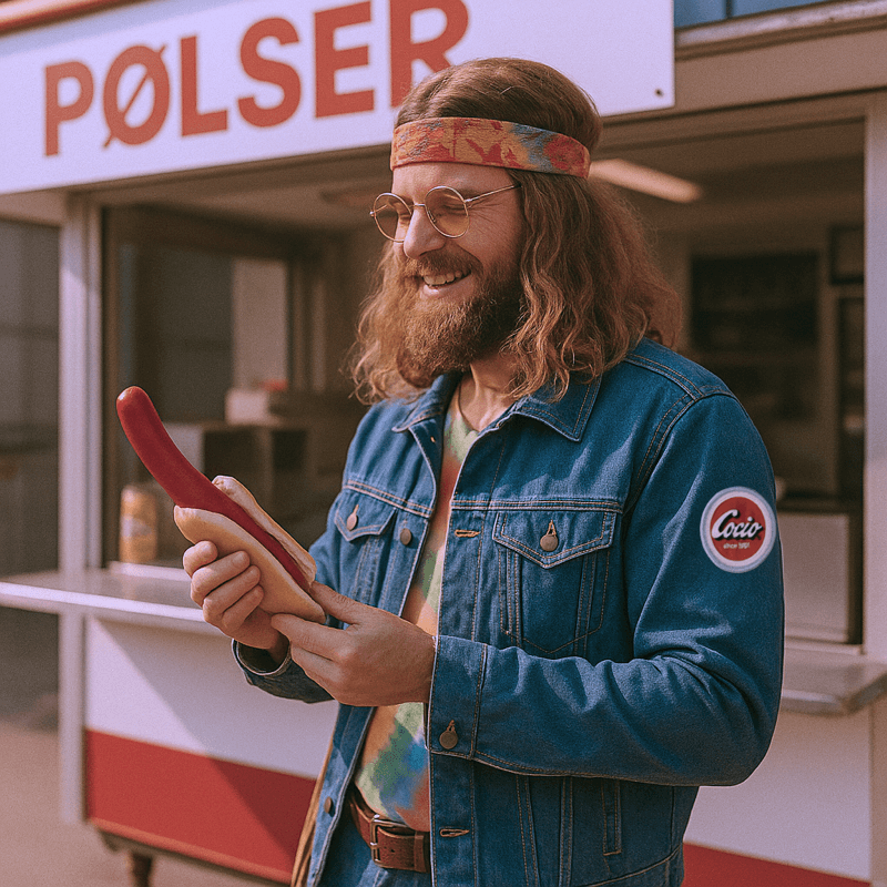 Mand med Cocio dansk broderet stofmærke smiler, mens han holder en pølse ved en PØLSER bod.