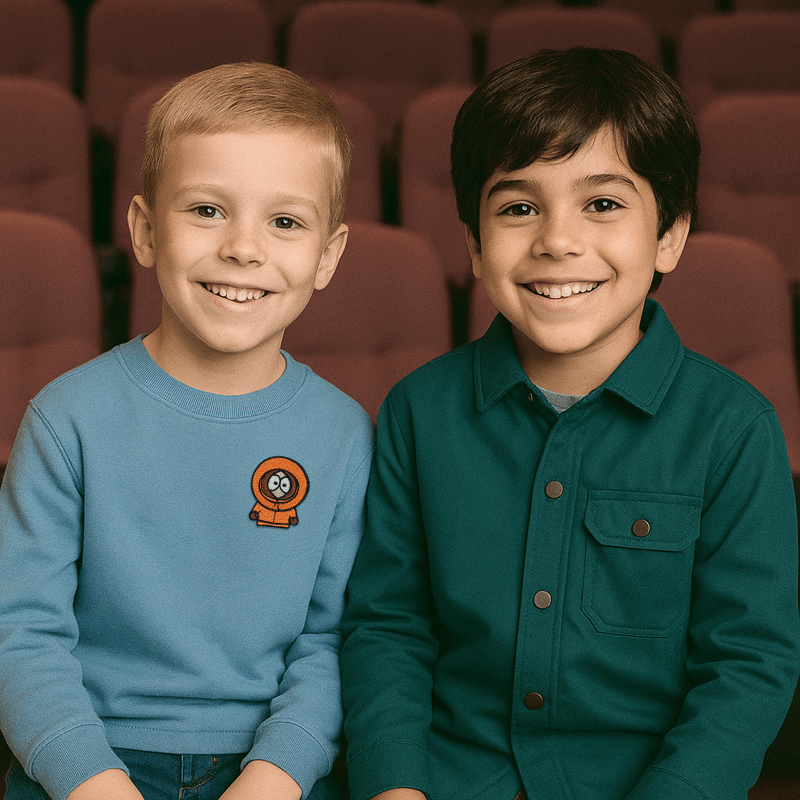 Two young boys smiling together, one wearing a Kenny South Park patch strygemærke on their shirt.