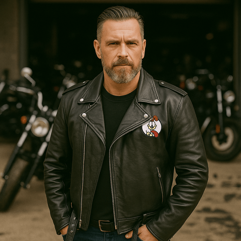 Futte patch strygemærke på læderjakke, tilføjet sjov broderi fra Garfield, bærer energisk hund med smil.