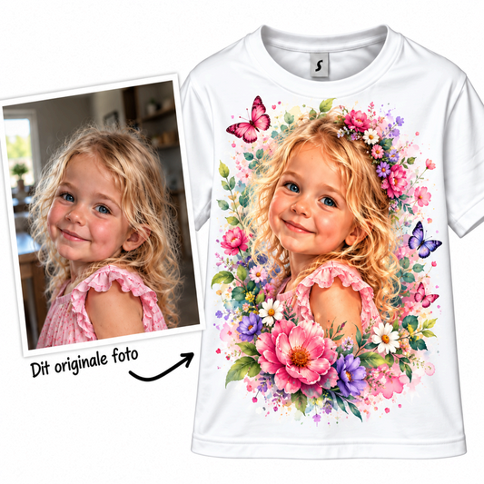 Personlig børne T shirt med eget foto og AI filter, blomster og sommerfugle designet til børn.