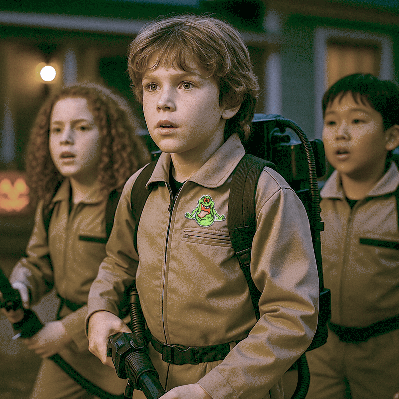 Ghostbusters Slimer patch strygemærke on children's costume in an action scene from a Ghostbusters-themed setting.