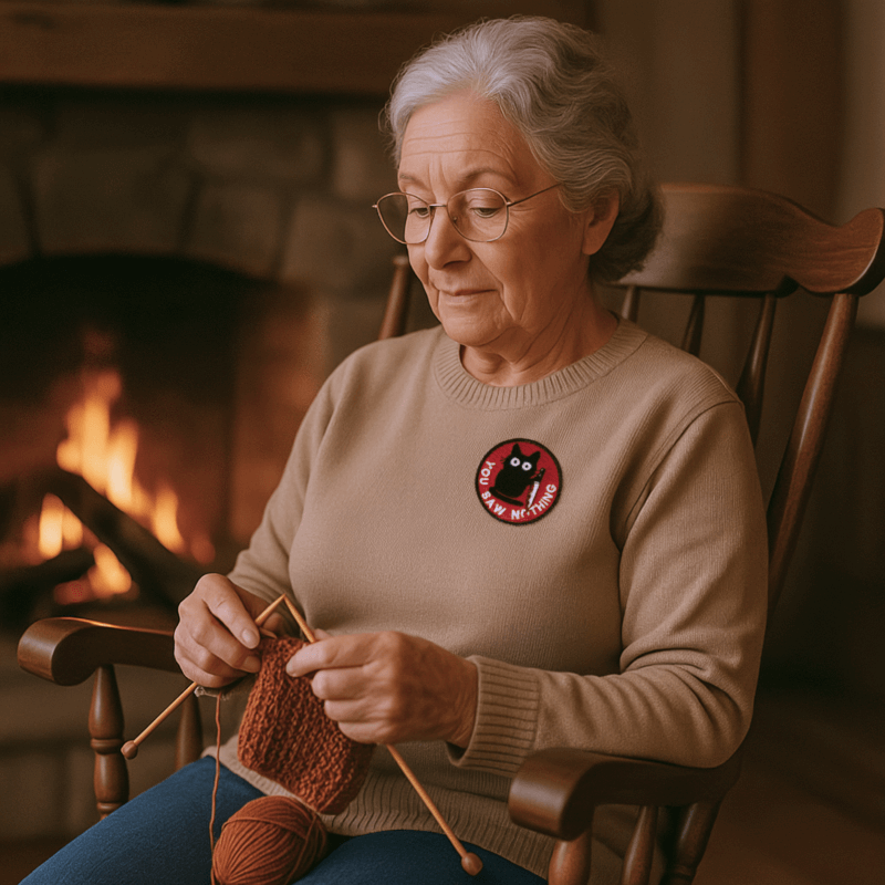 Elderly woman knitting in a rocking chair, wearing You Saw Nothing kat patch strygemærke with a black cat design.