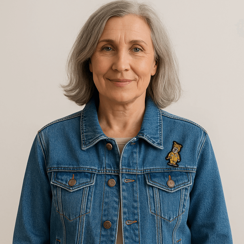 Barf Spaceballs patch strygemærke på denimjakke, vintage stil med humoristisk broderi.