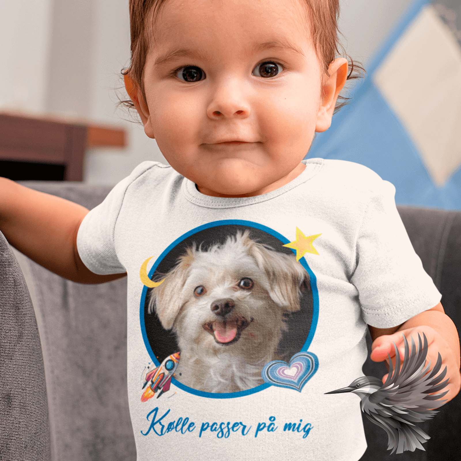 Design en helt unik baby bodystocking med et personligt foto og navn under hund