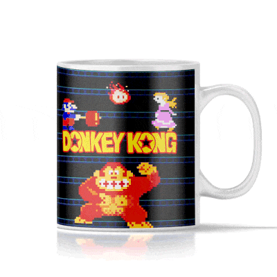 Donkey Kong retro gaming krus featuring classic characters and vibrant pixel art from the iconic arcade game.