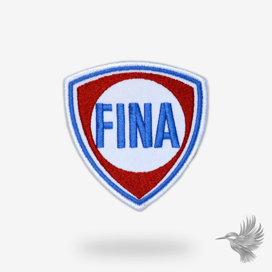 Petrofina broderet strygemærke med Fina logo, ideelt for samlere og fans af motorsport.