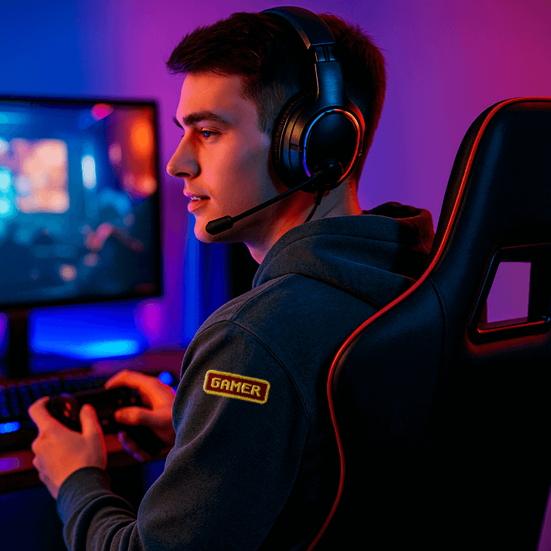 Gamer med Gamer strygemærke på hoodie