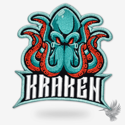 Farverigt Kraken 3D symærke med tentakler og 3D effekt, farverigt design i blå og rød.