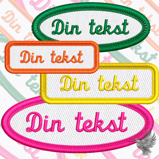 Farverige personlige strygemærker design med teksten 'Din tekst' i forskellige farver og former