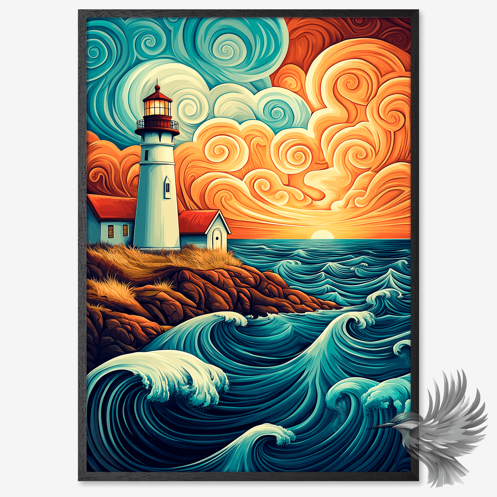 Fyrtårn solopgang poster med bølger og solopgang i varme farver som guld, orange og rosa.