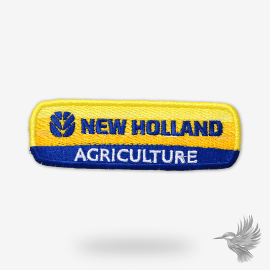 New Holland logo patch showcasing the blue and yellow design, perfect for agriculture enthusiasts.