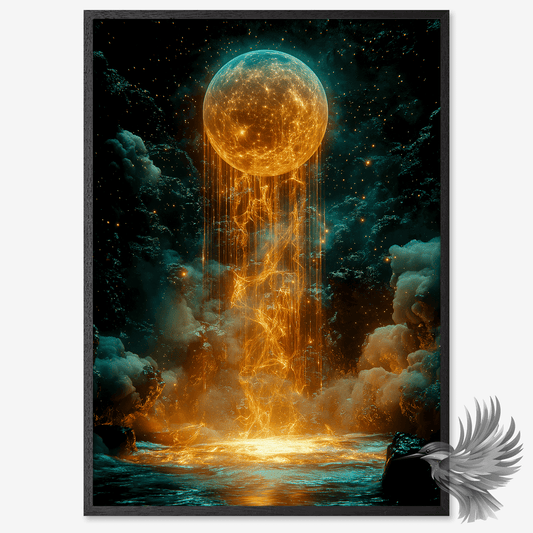 Jordens genfødsel plakat med lysende klode i stjernespækket univers og gyldne strømme af lys.