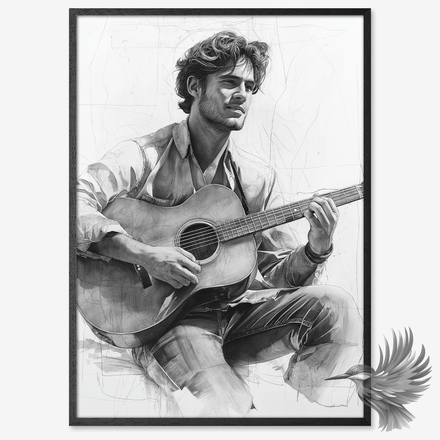 Sort-hvid streg- og kultegning af en ung mand med krøllet hår, der spiller guitar i en afslappet, jeans-inspireret stil.
