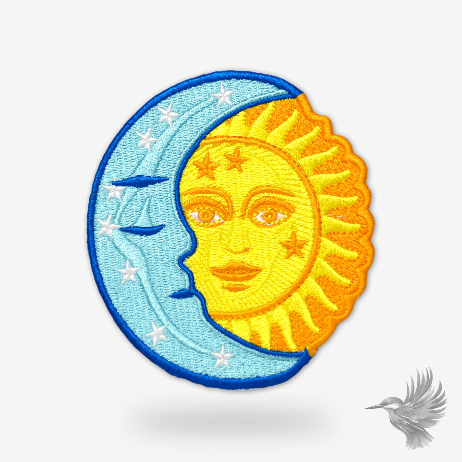 Sol og måne broderimærke med detaljeret design, perfekt til at dekorere tøj og accessories.