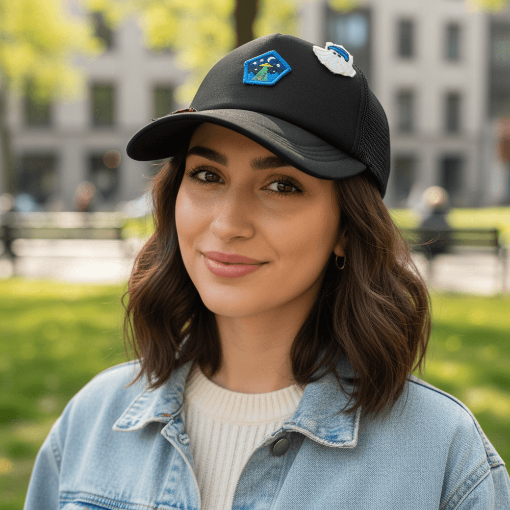 UFO pin on black cap worn by a woman with brown hair, adding sci-fi style to her outfit.