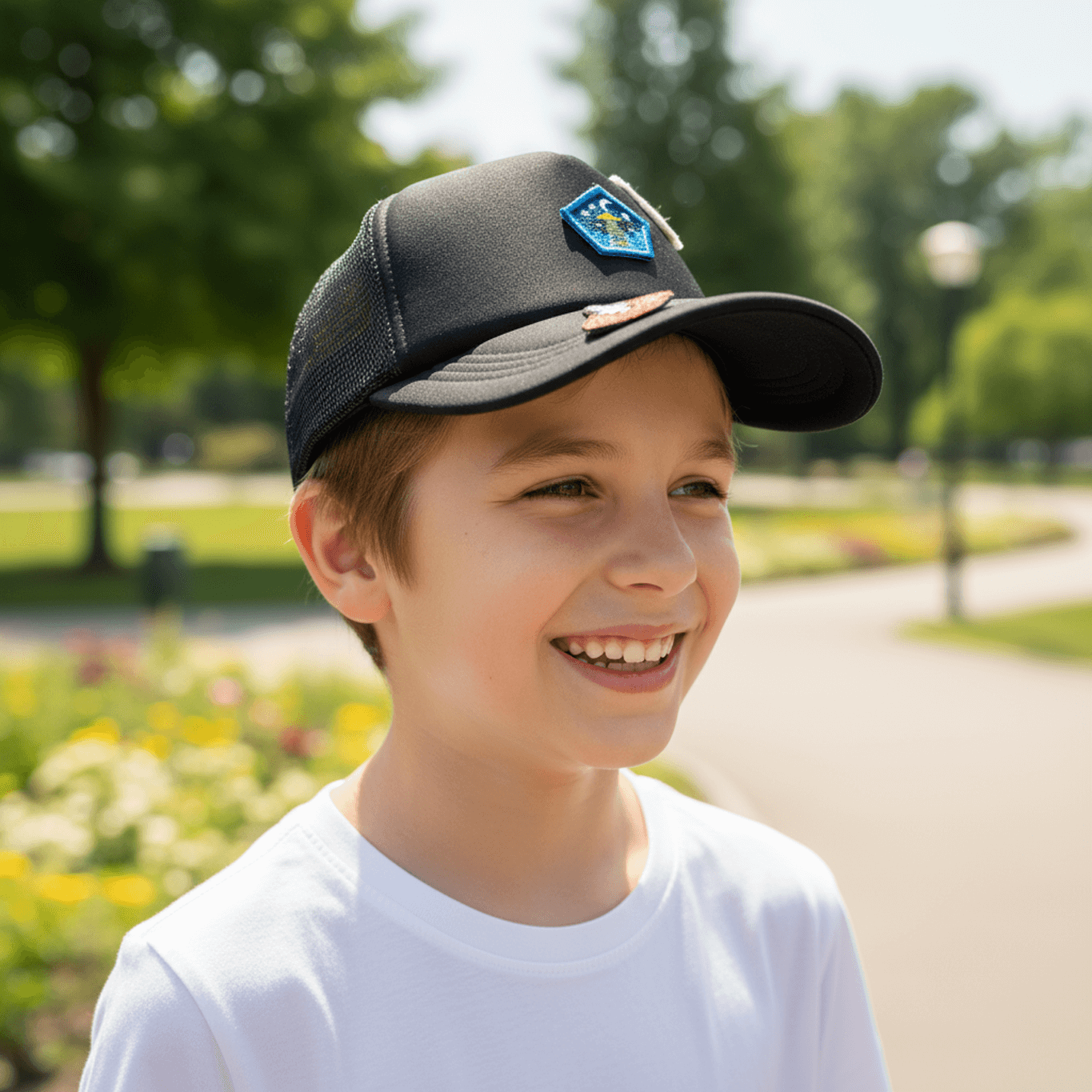 Smiling boy wearing a cap with a UFO pin, enjoying a sunny day outdoors in a park full of flowers.