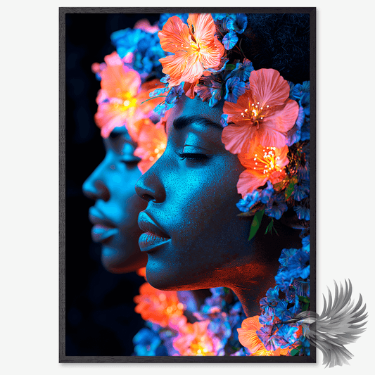 Neonæstetik Plakat Naturlig skønhed med smukke blomster med to ansigtet omgivet af glødende blomster i neon farver.
