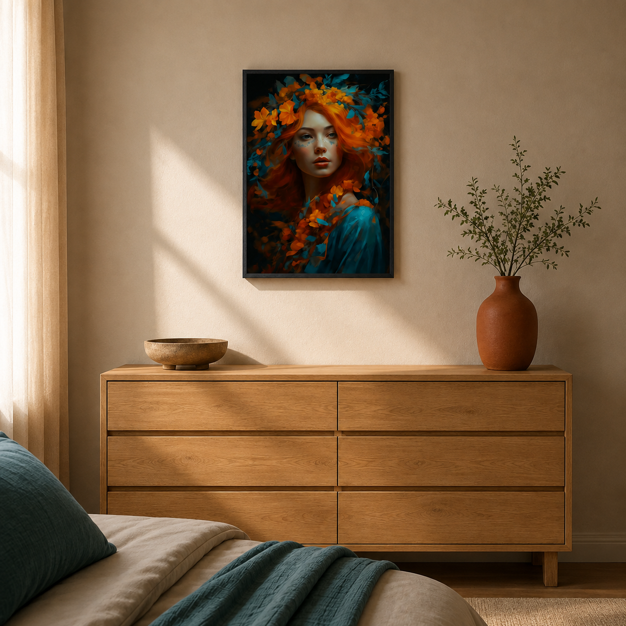 Plakat med blomsterhåret kvinde i sort ramme over en kommode i soveværelset