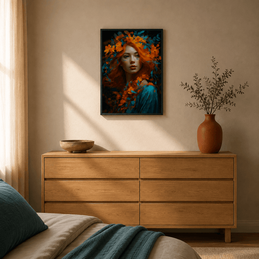 Plakat med blomsterhåret kvinde i sort ramme over en kommode i soveværelset