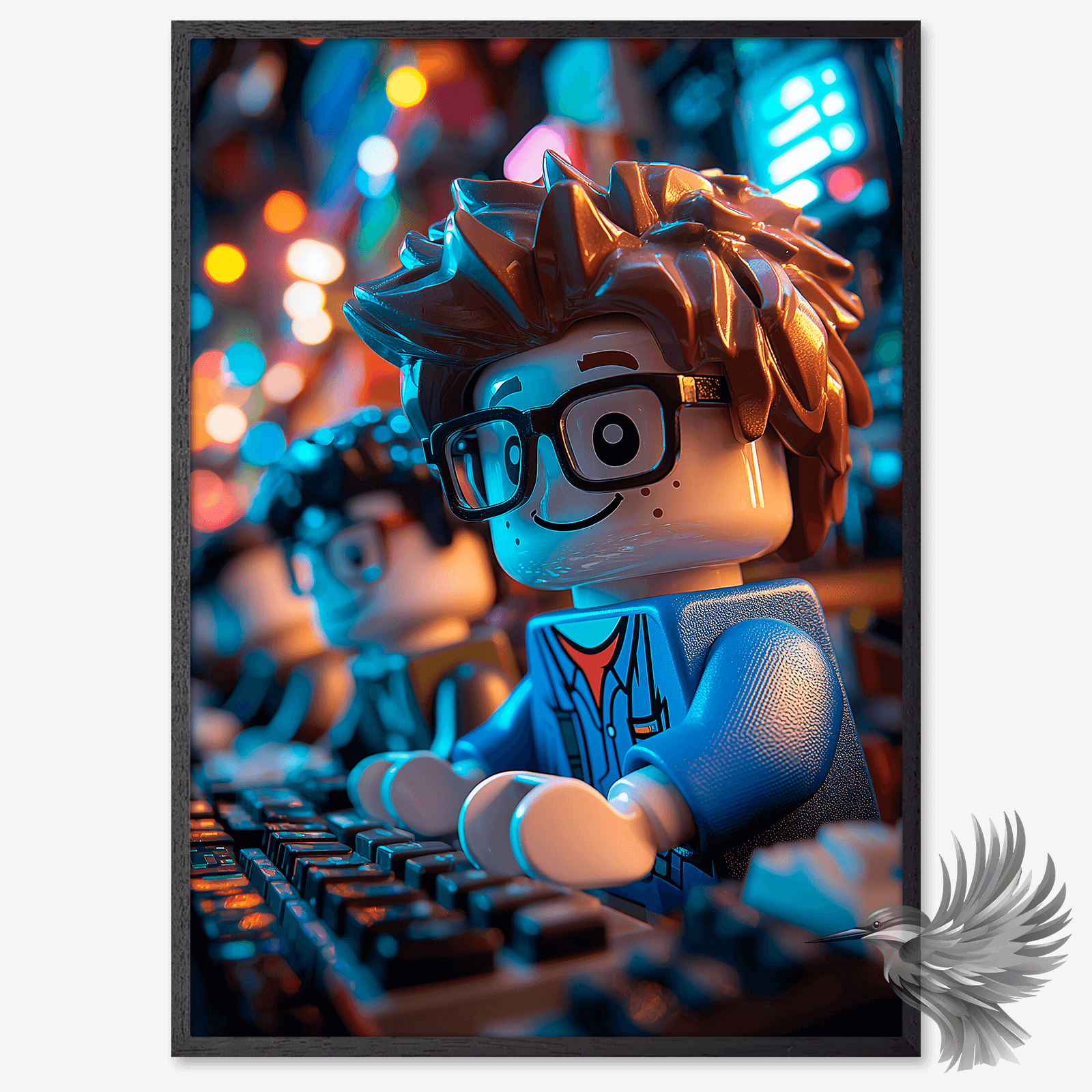 LEGO man art poster featuring a character with glasses and brown hair at a control panel.