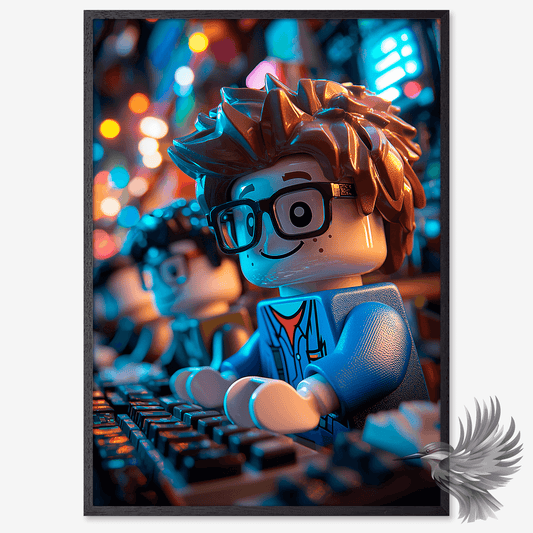 LEGO man art poster featuring a character with glasses and brown hair at a control panel.