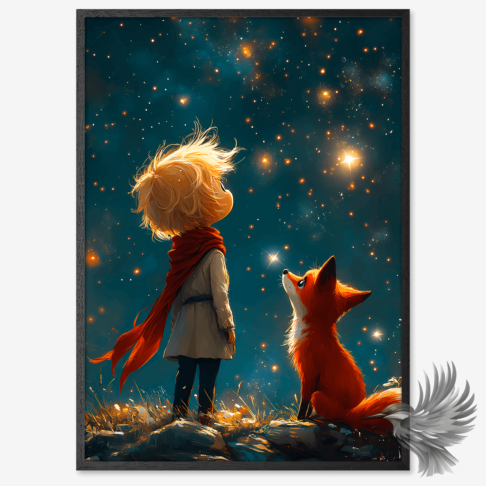 Den Lille Prins Poster featuring the little prince and fox under a magical starlit sky.