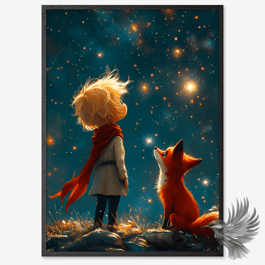 Den Lille Prins Poster featuring the little prince and fox under a magical starlit sky.