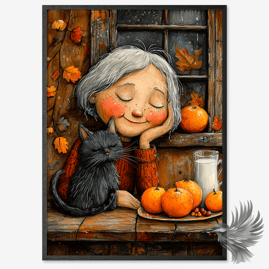 Fredfyldt samvær plakat: Ældre dame med gråt hår og sort kat, sidder ved vindue med appelsiner og mælk.