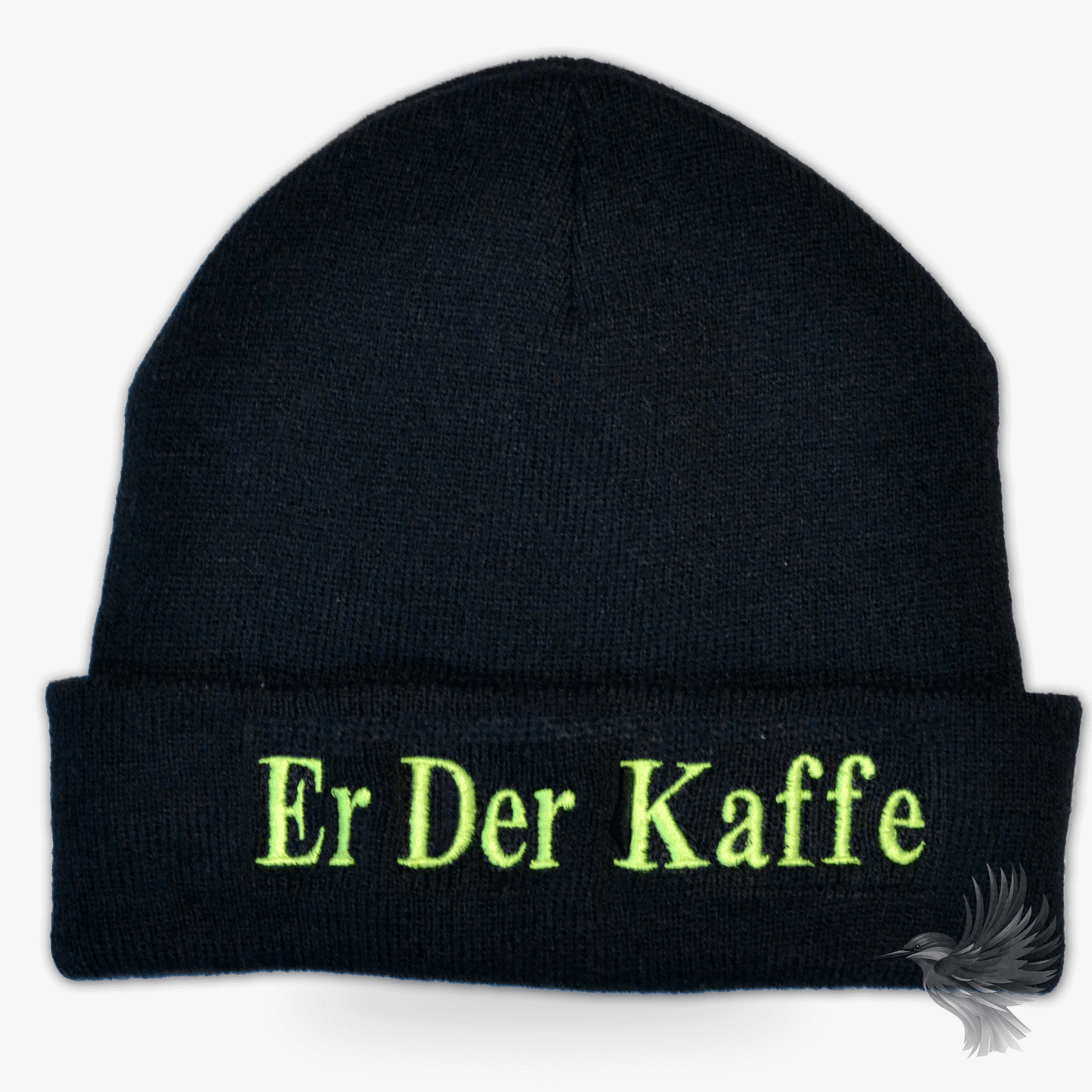 Personlig Beanie og Hue Få Dit Navn Broderet med teksten 'Er Der Kaffe' i grønt på en sort hue.