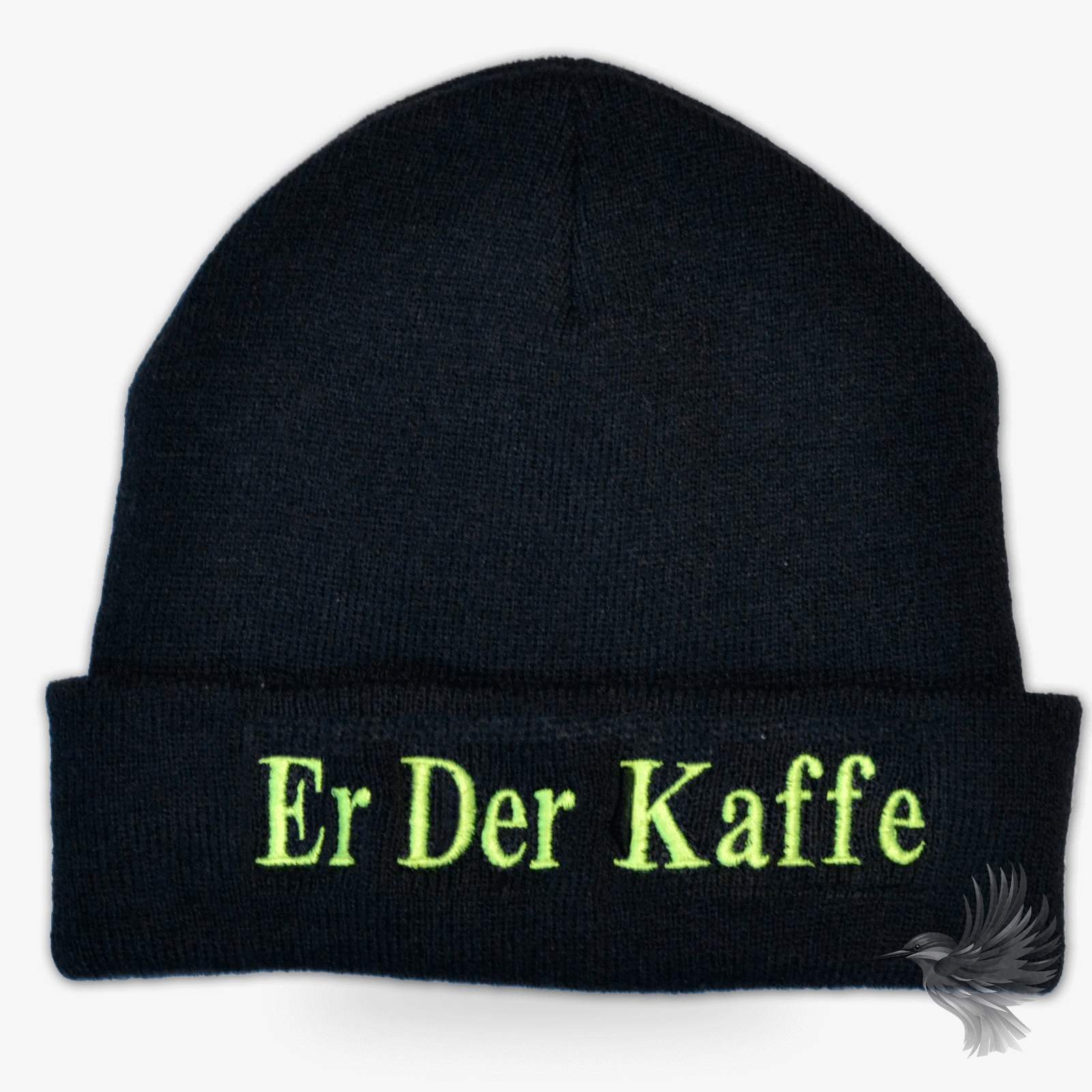 Personlig Beanie og Hue Få Dit Navn Broderet med teksten 'Er Der Kaffe' i grønt på en sort hue.