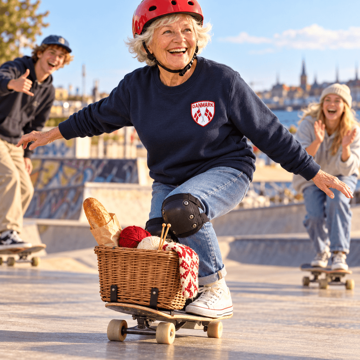 Broderet Danmark strygemærke med dobbelt dannebrogsflag på en skateboard ved skating park.