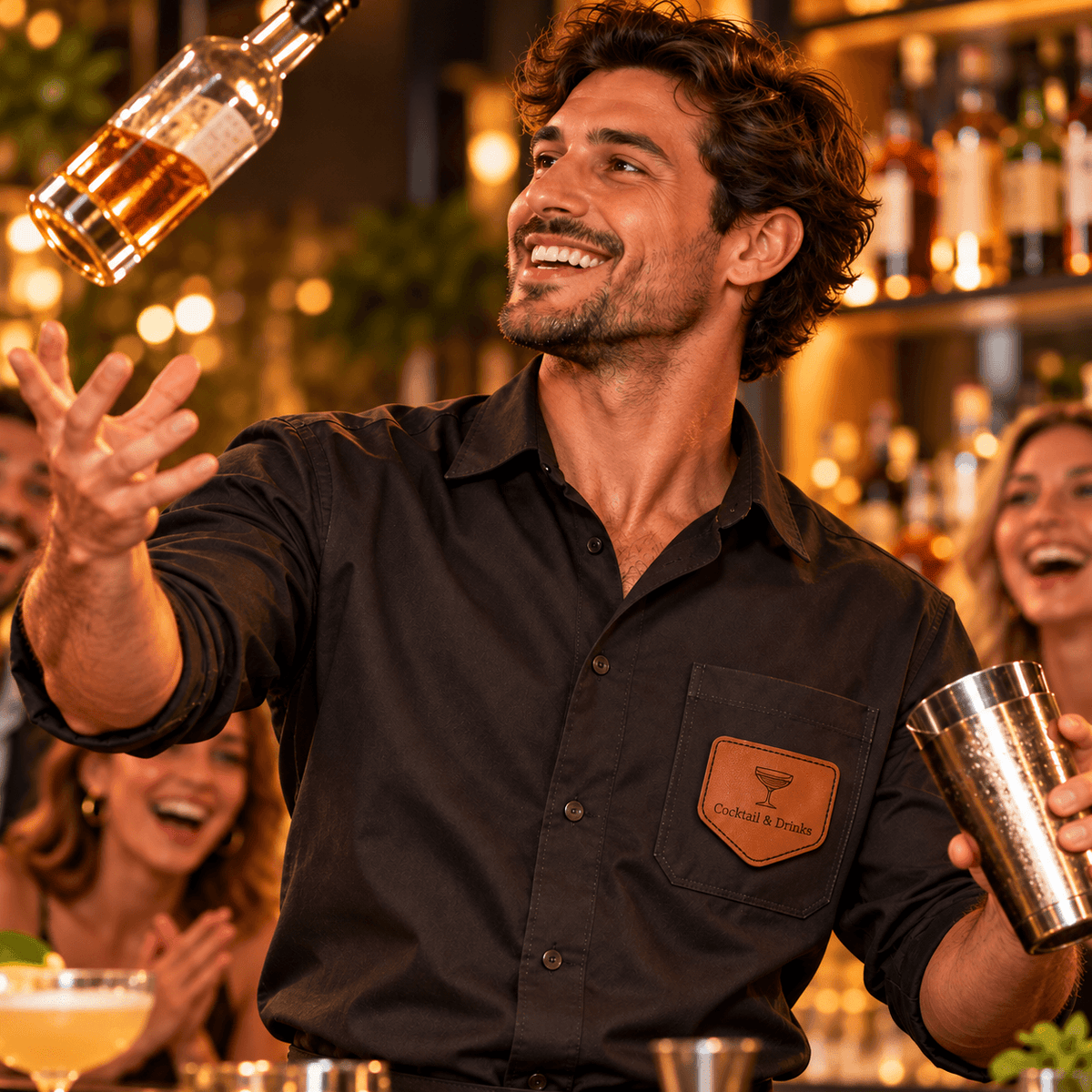 Personligt mærke i PU-læder emblem - lasergravering med bartender, der shaker cocktails.