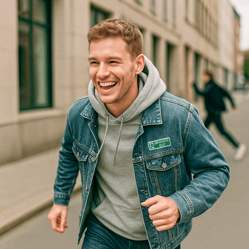 ung mand løber Dramatic Exit strygemærke