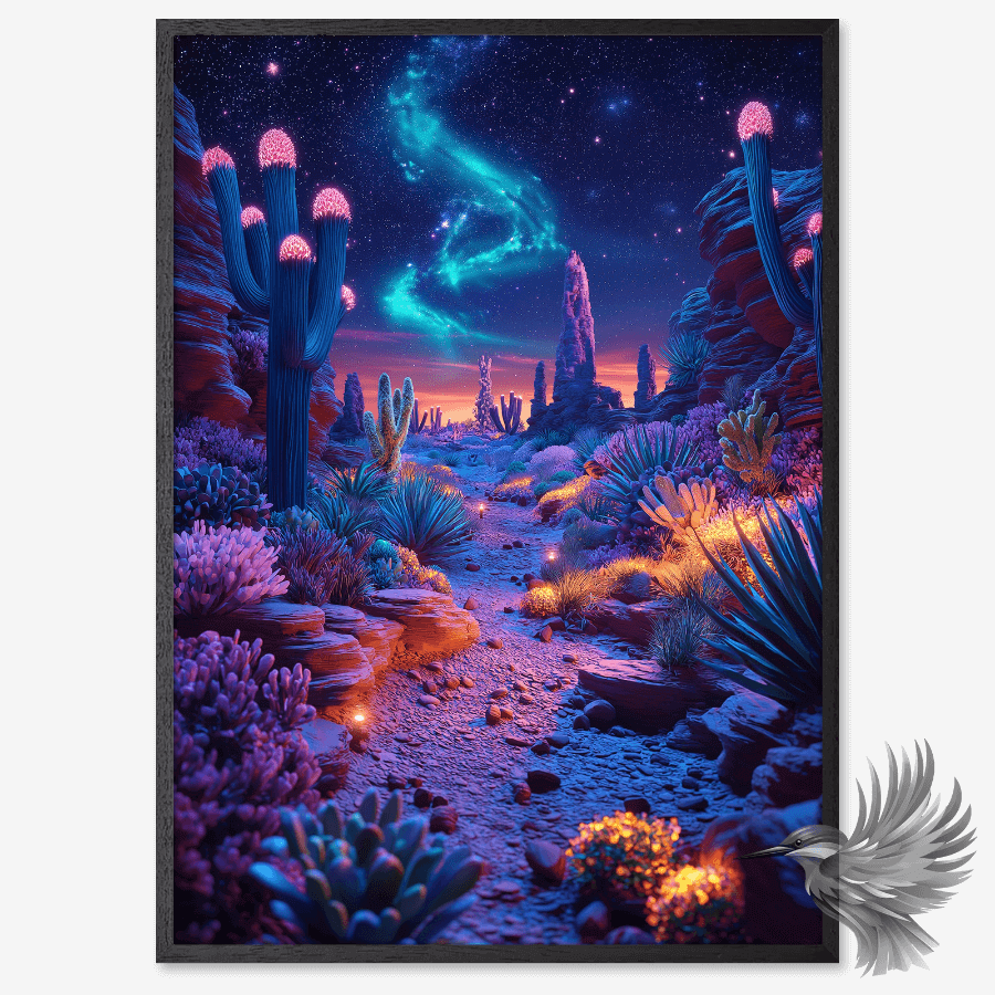 Neon ørkenlandskab plakat med farverige kaktusser og stjerner i natten, drømmende stjernehimmel.