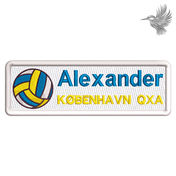 Personligt Broderet Stofmærke med din bold- eller kuglesport, med volleyball og navn Alexander.