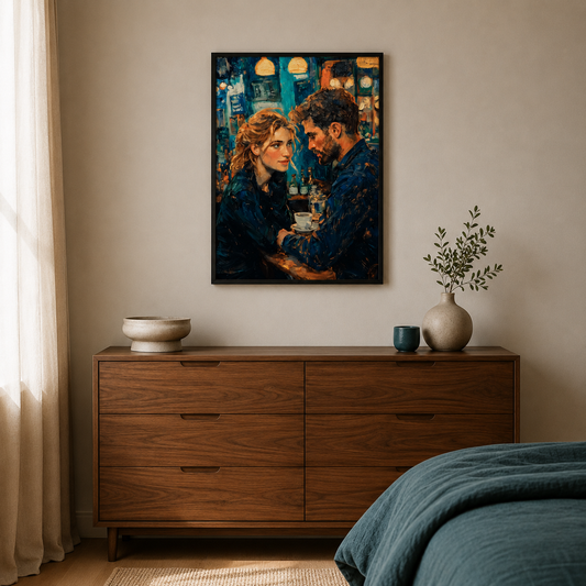 Romantisk plakat med et par i sort ramme over en kommode i soveværelset