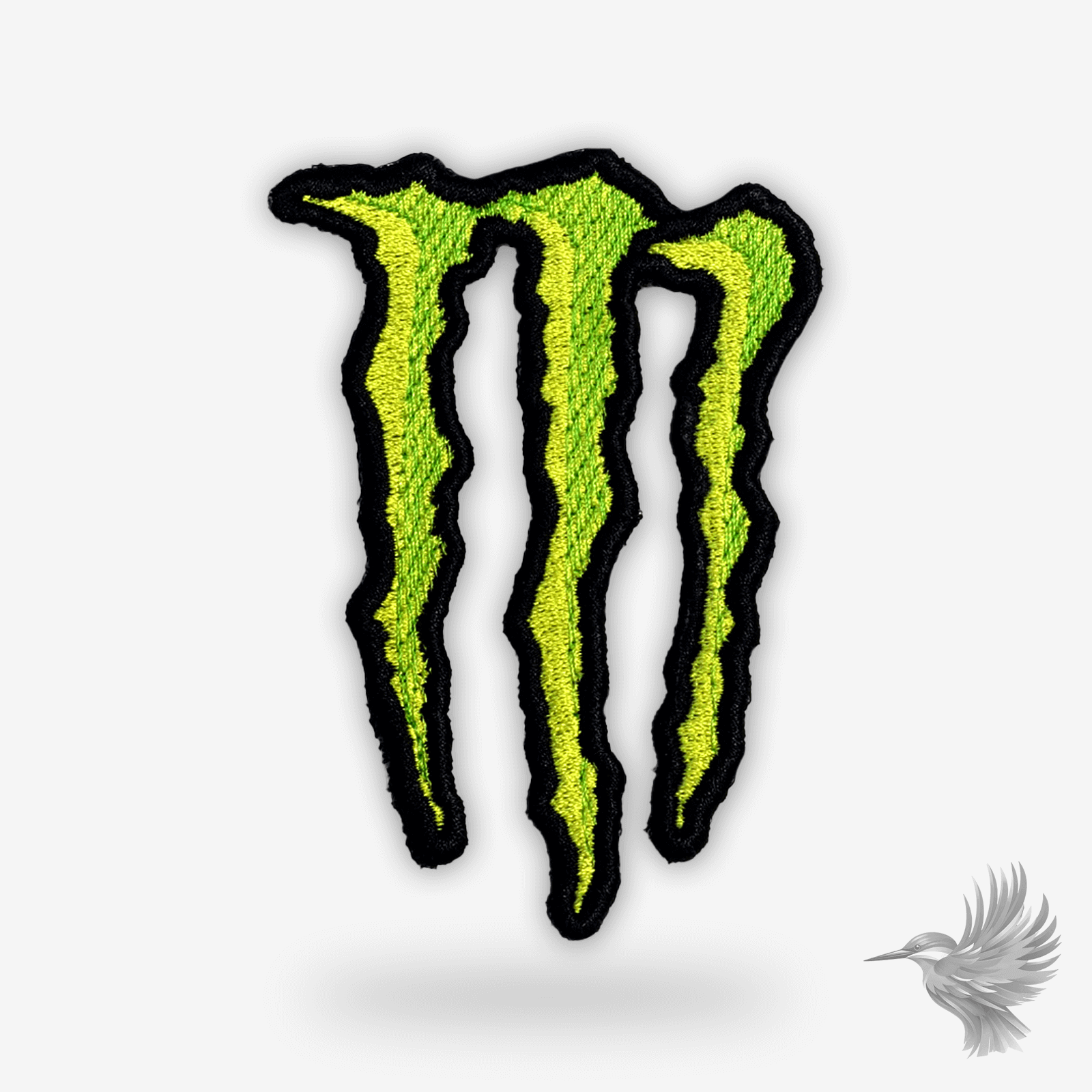 Broderet Monster-logo patch, ideelt til at dekorere jakker, hoodies eller tasker med et energisk og unikt design fra den populære energidrik.