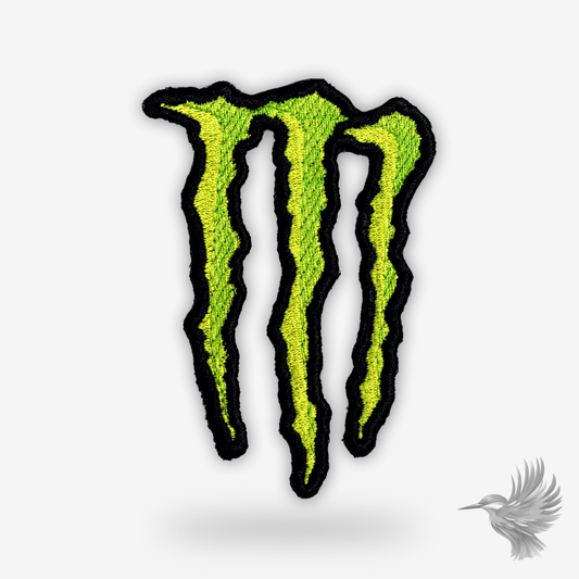 Broderet Monster-logo patch, ideelt til at dekorere jakker, hoodies eller tasker med et energisk og unikt design fra den populære energidrik.