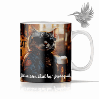 Kat i solbriller med øl, motiv, tekst ‘Når missen skal ha’ fredagsslik