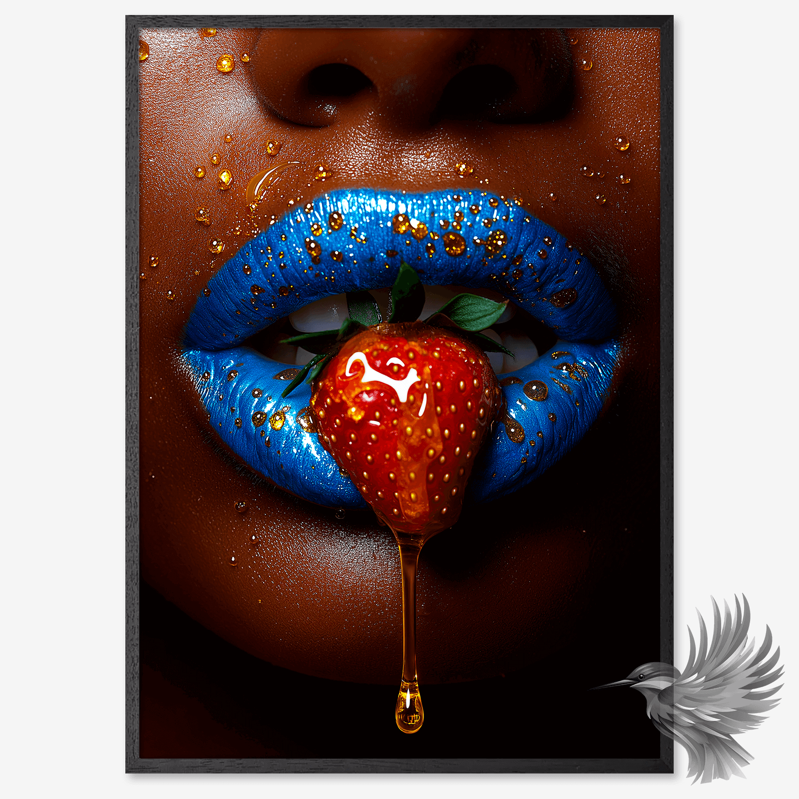 Sensual pop art poster featuring close-up of blue lips holding a strawberry drizzled in honey.