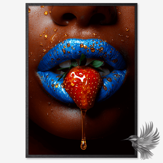 Sensual pop art poster featuring close-up of blue lips holding a strawberry drizzled in honey.