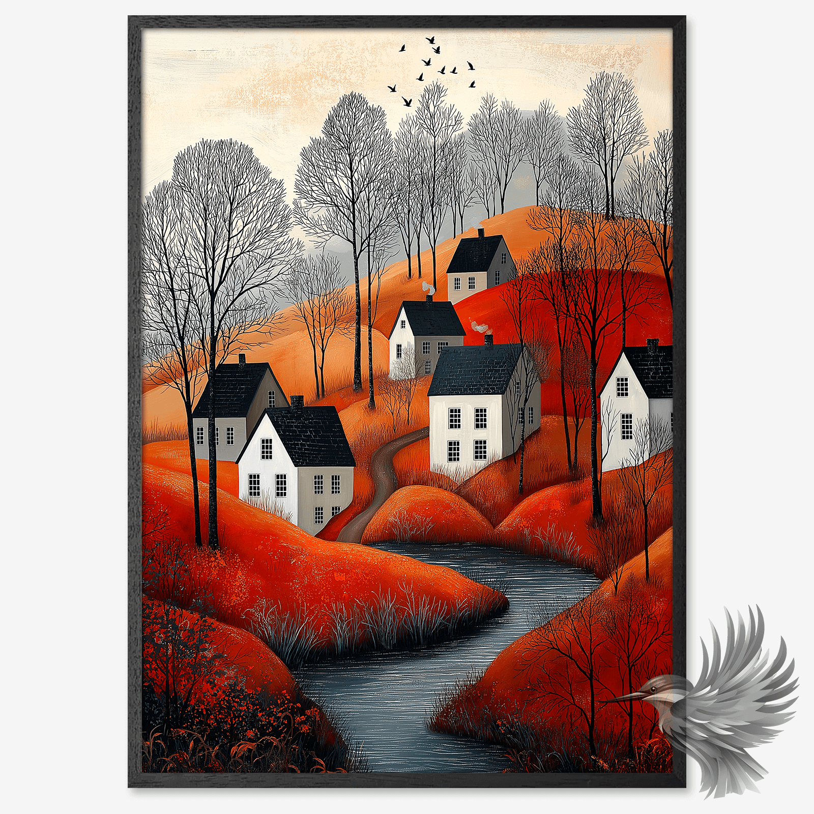 Nordisk orange huse plakat med varme nuancer og stille bæk i efterårslandskab