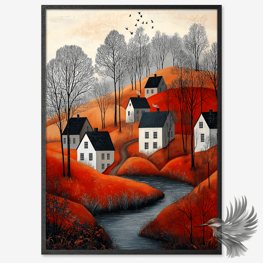 Nordisk orange huse plakat med varme nuancer og stille bæk i efterårslandskab