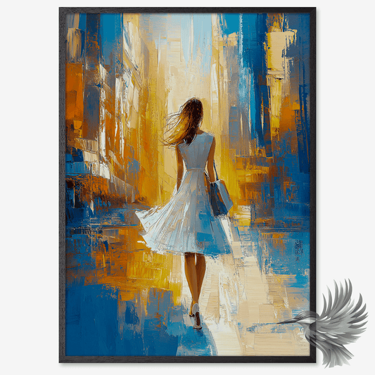 Elegant poster of young woman walking in city with a flowing white dress and a handbag.