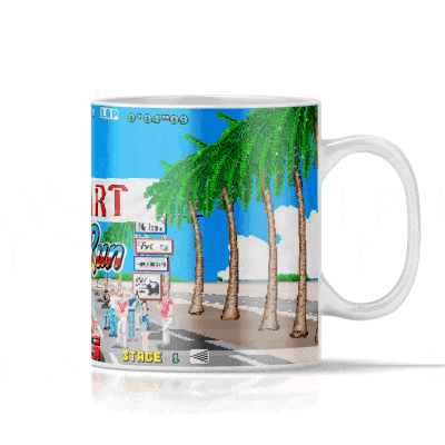 OutRun retro racing mug featuring palm trees and arcade graphics reminiscent of 80s racing games.